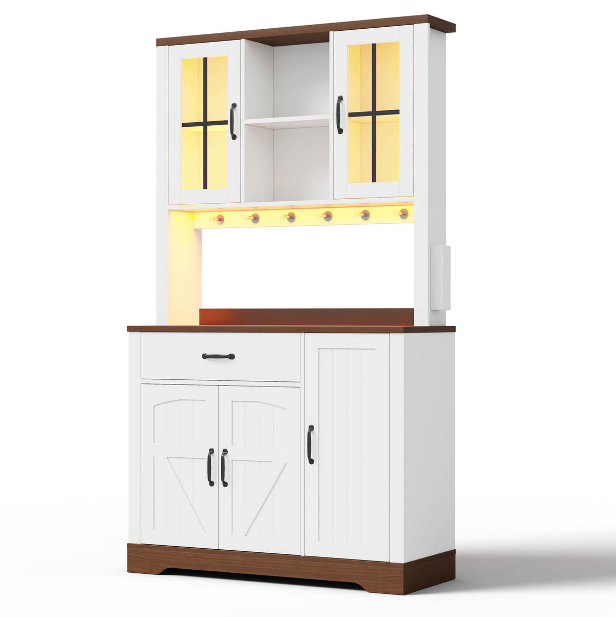 BUFFETSCHRANK 105/40/185 cm aus MDF mit LED-Beleuchtung, Steckdosenmodul und verstellbaren Einlegeböden, Natur/Weiß - Naturfarben, Holzwerkstoff (105/185/40cm) - Redom