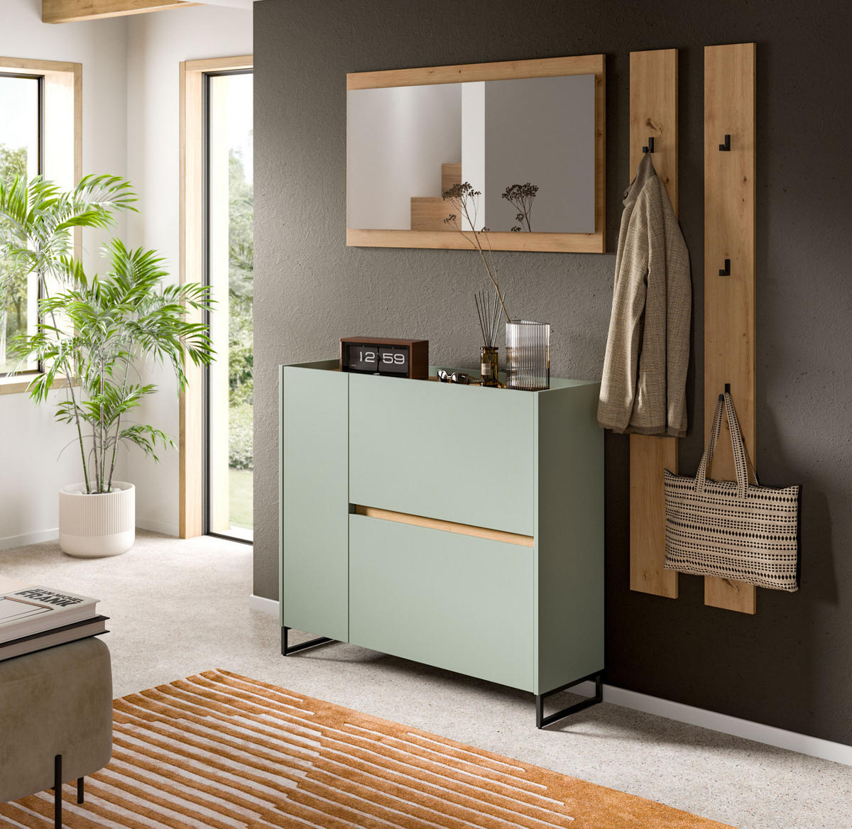 GARDEROBEN-SET Salbei und Artisan Eiche, Garderobe 172 x 197 cm, Soft-Close - Salbeigrün/Schwarz, Holzwerkstoff/Metall (172/197/32cm) - Inn.Furn