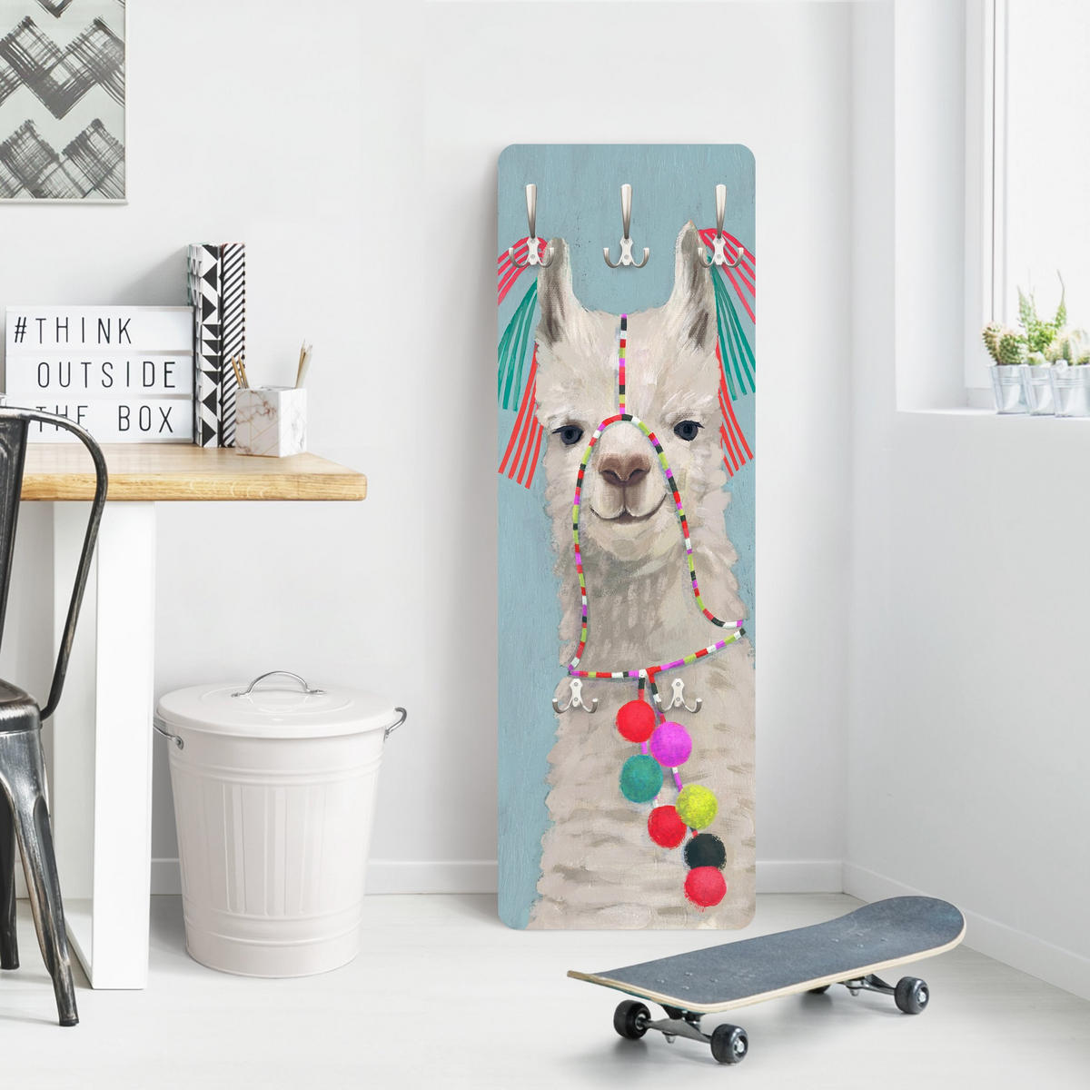 WANDGARDEROBE - Lama mit Schmuck II 34/105 cm - Blau, Holzwerkstoff (34/105/1.6cm) - Bilderwelten