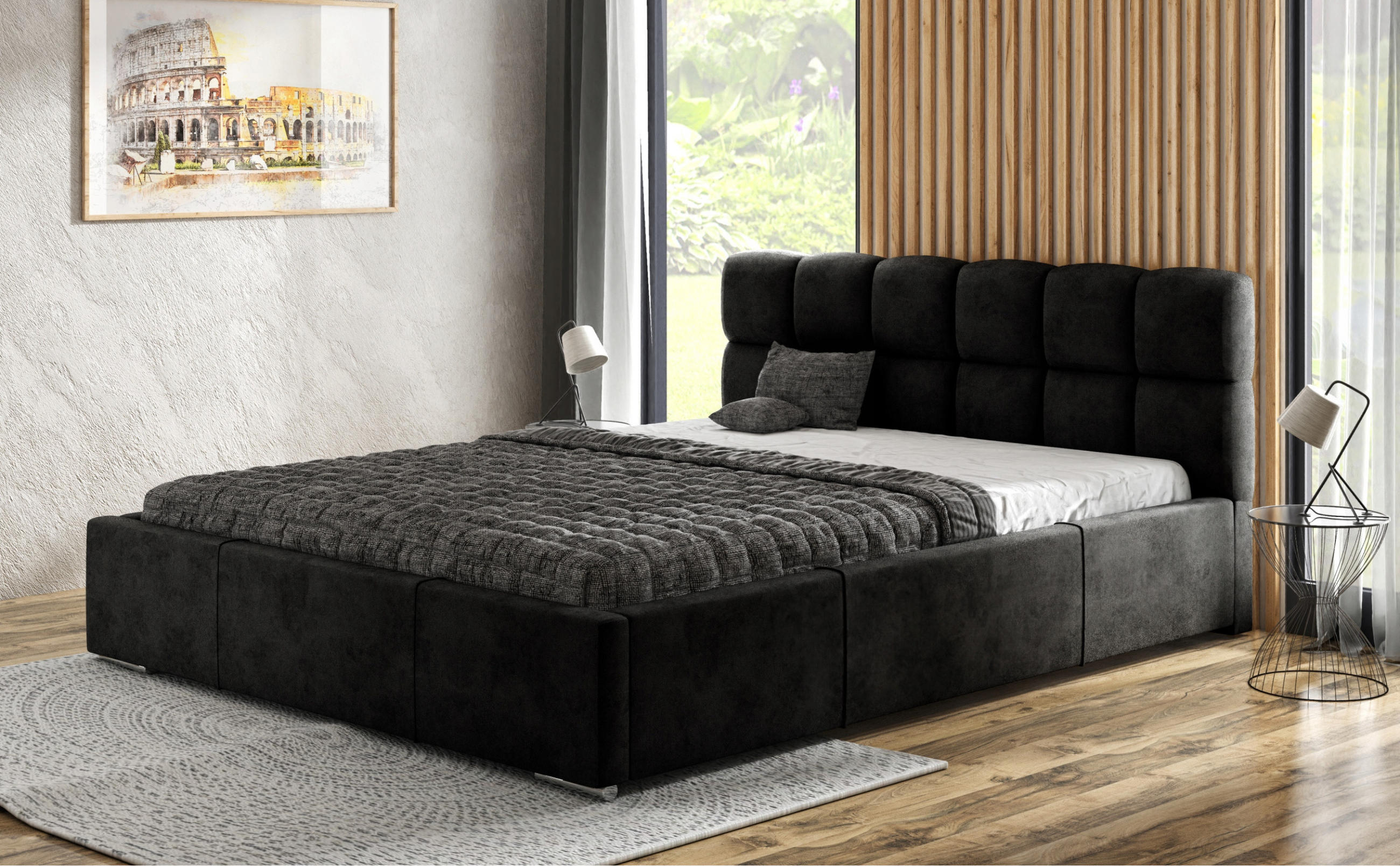 POLSTERBETT MALTA mit Kopfteil, 140 x 200 cm, Doppelbett mit Bettkasten und Lattenrost aus Metall, Velourstoff: Schwarz - Schwarz, Holz/Textil (140/200cm) - Agmat-Furniture