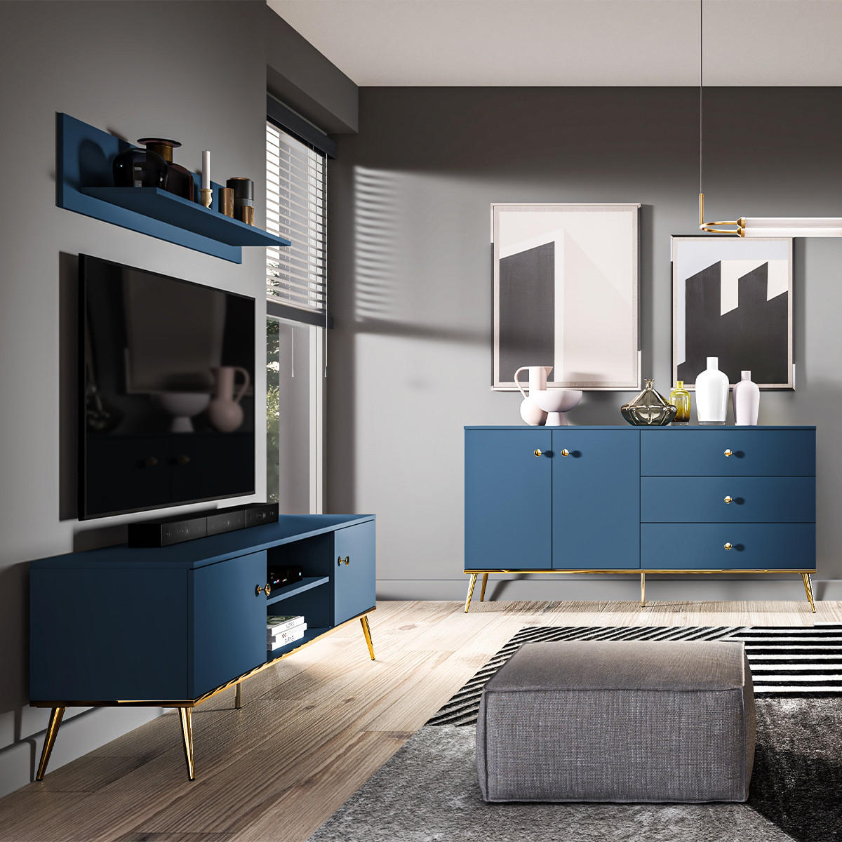 TV-MÖBEL Thalia Blau - Blau, Holzwerkstoff (160/53/40cm) - Petits-meubles