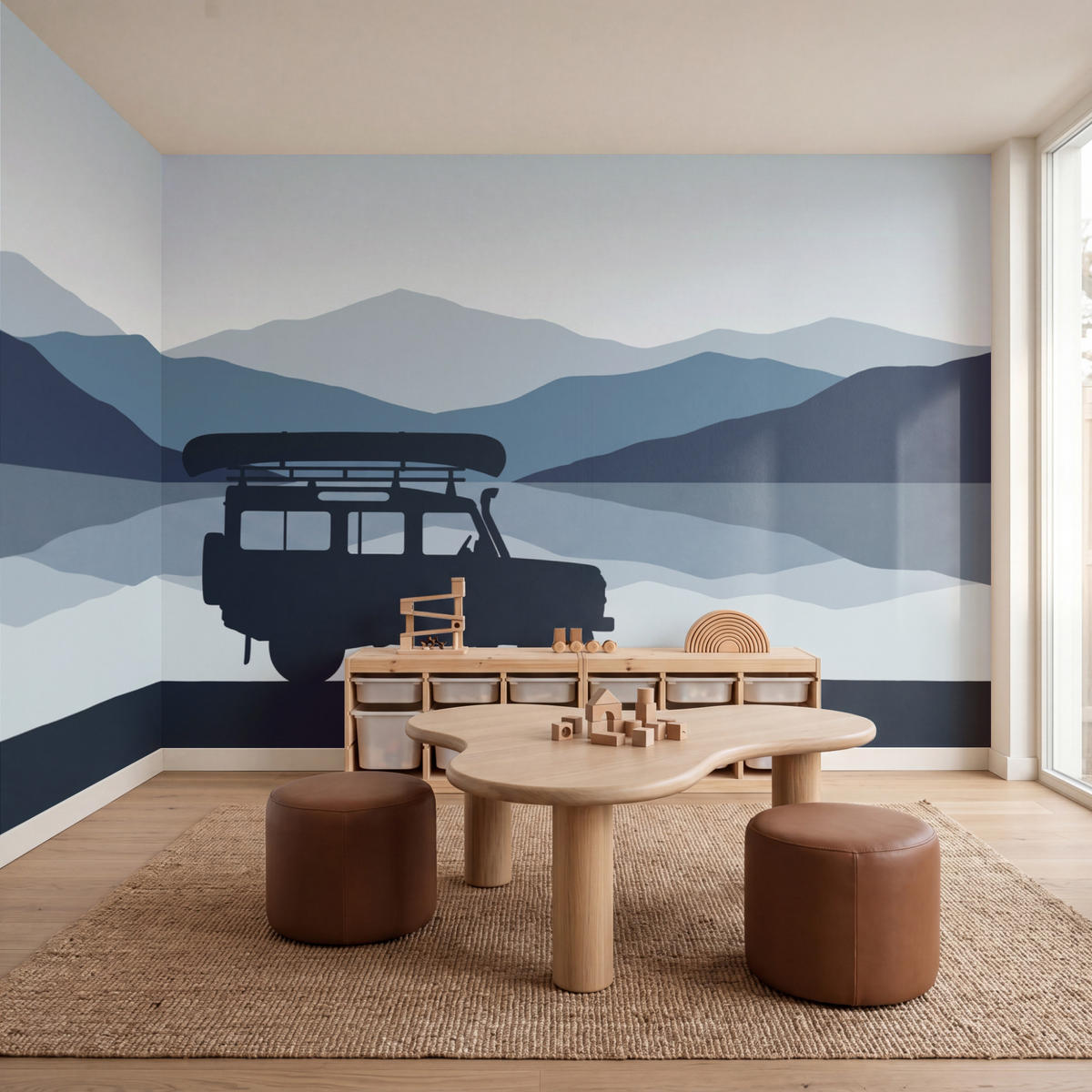 KINDERTAPETE - Auto - See - Berge - Blau - 500x260 cm - Blaugrau, Papier (500/260cm) - OnlyWow