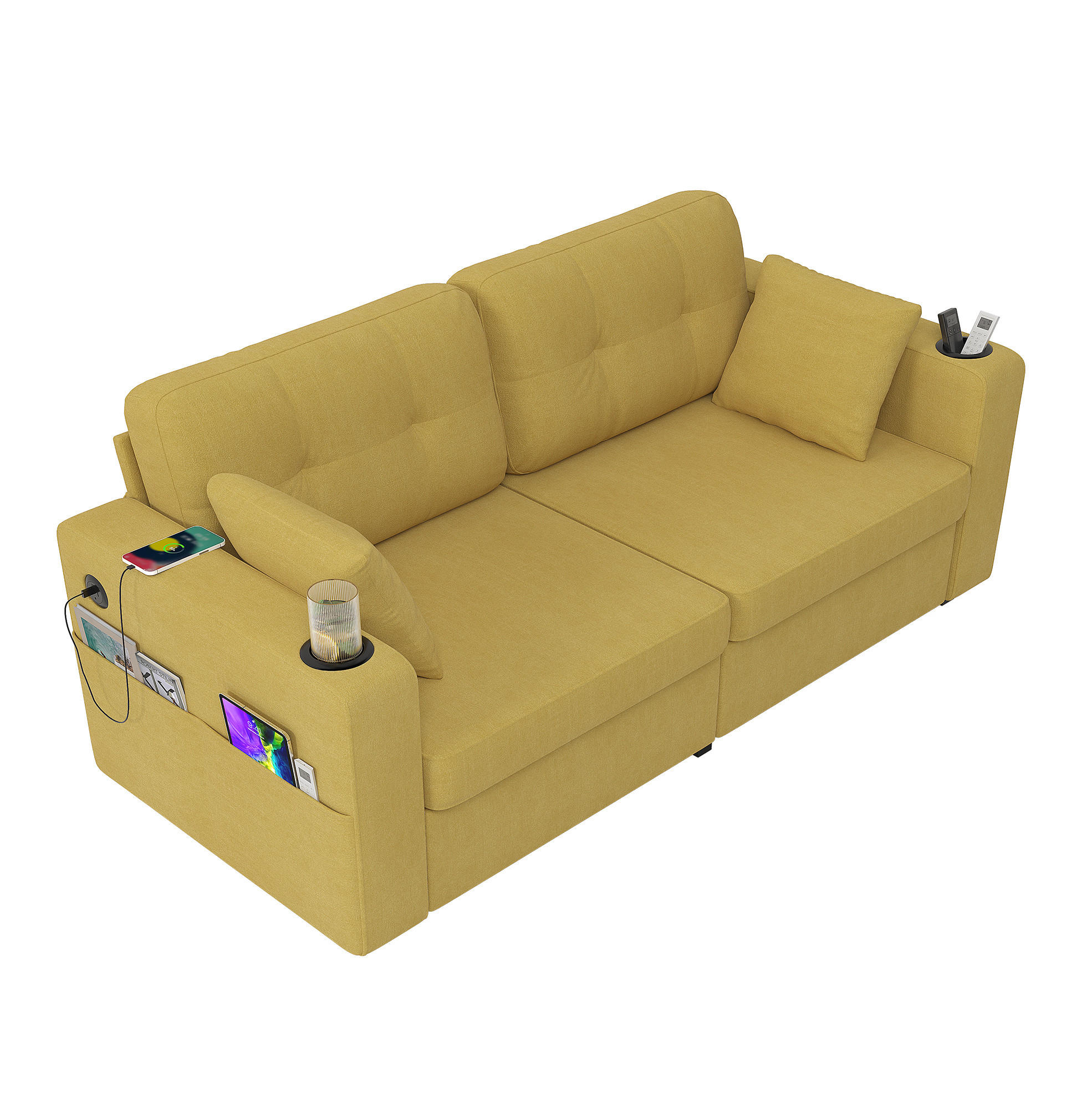 Modfu DVOUMÍSTNÁ pohovka z chenilu 172x75x82 cm hořčicově žlutá s USB, úložnými zásuvkami a držáky nápojů