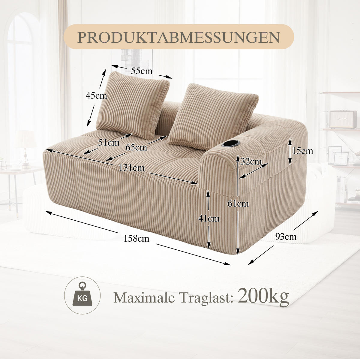 SOFA 2-Sitzer mit Seitenfächern 158 x 93 x 61 cm Cord Khaki - Braun, Kunststoff (158/61/93cm) - Meubliv
