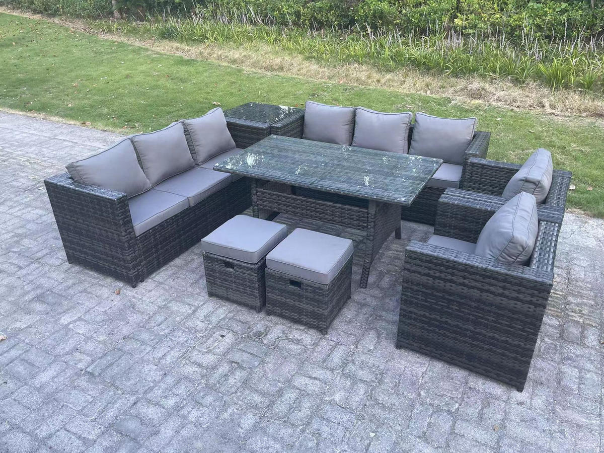 SITZGRUPPE mit Beistelltisch,Hockern Polyrattan Dunkelgrau 10-Sitzer - Dunkelgrau/Grau, Glas/Kunststoff - Fimous