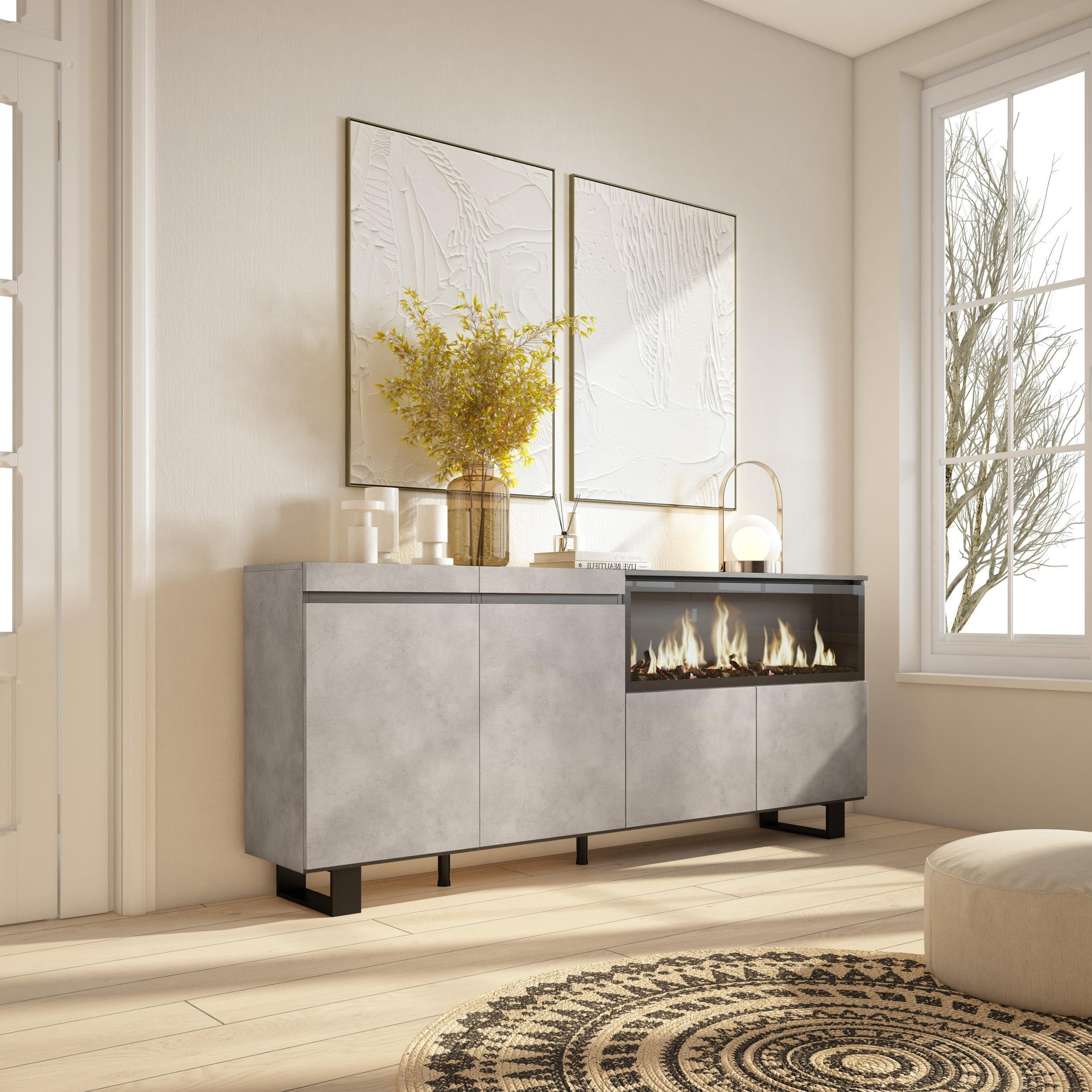 SIDEBOARD Highboard, Elektrokamin XXL, zementgrau, 208/35/87cm - Schwarz/Grau, Holzwerkstoff (208/87/35cm) - Skraut Home
