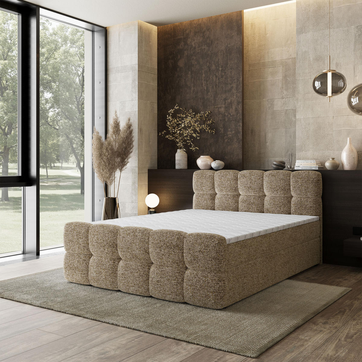 BOXBETT BRUME 180x200 cm mit Matratze und Topper, H2+H3 - Beige - Beige, Holz (180/200cm) - MASSENO