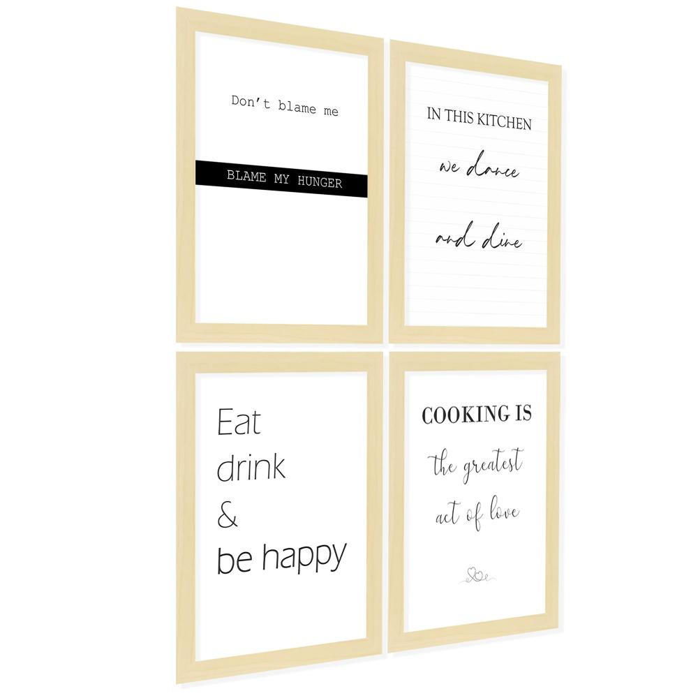 POSTER Set mit 4 Küchenzitate, Nachrichten A3 Rahmen aus hellem Holz - Beige, Papier (29.7/3cm) - Nacnic