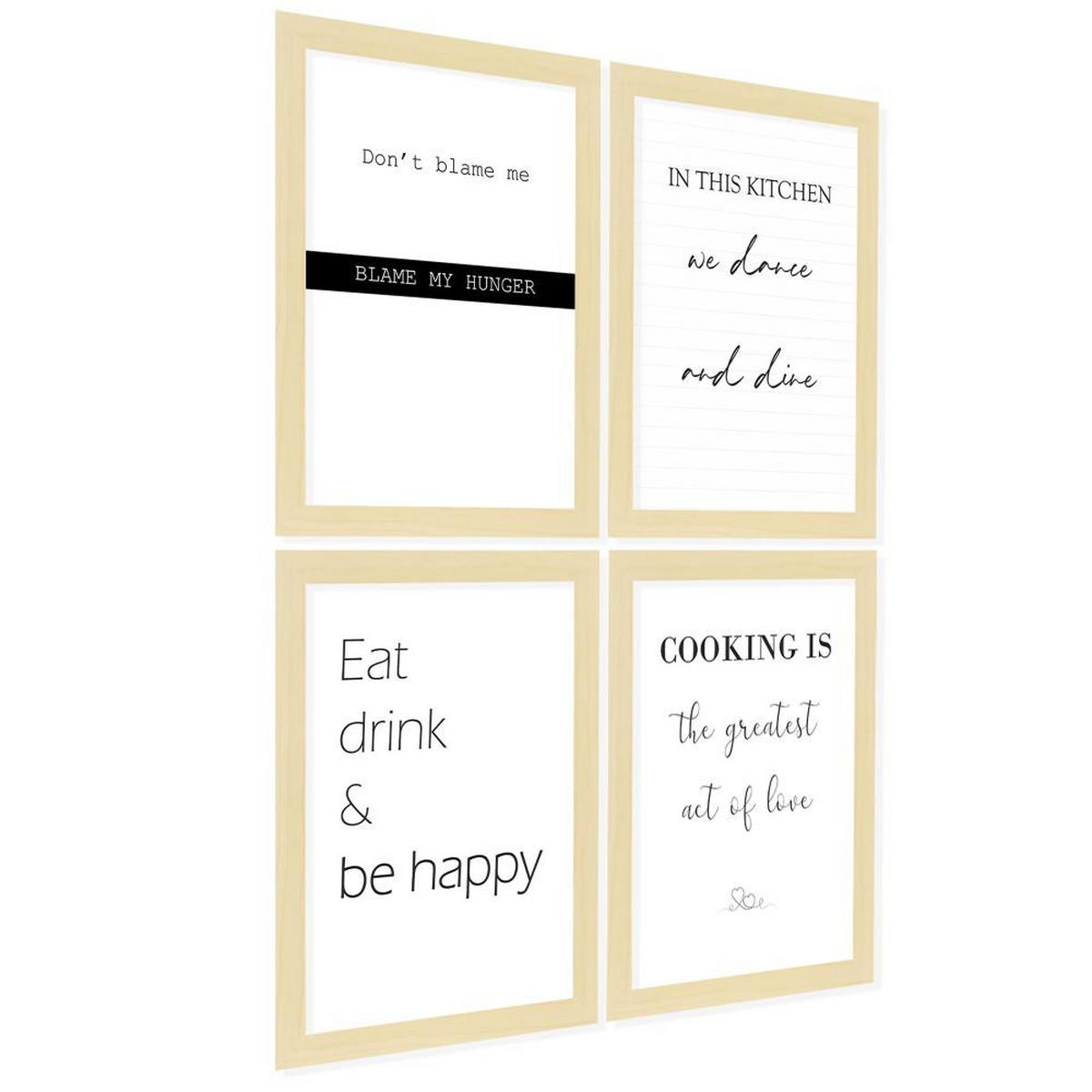 POSTER Set mit 4 Küchenzitate, Nachrichten A3 Rahmen aus hellem Holz - Beige, Papier (29.7/3cm) - Nacnic