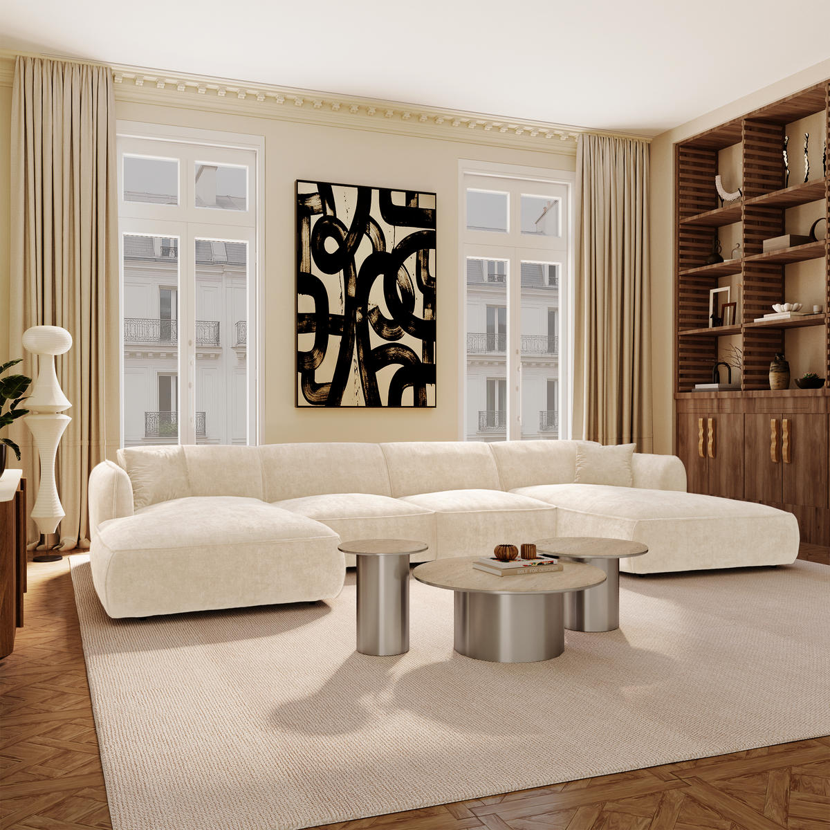 PANORAMA-SOFA LOMI Geprägter Samt Creme 346cm - Creme, Textil (346/76/166cm) - Premium Interiors