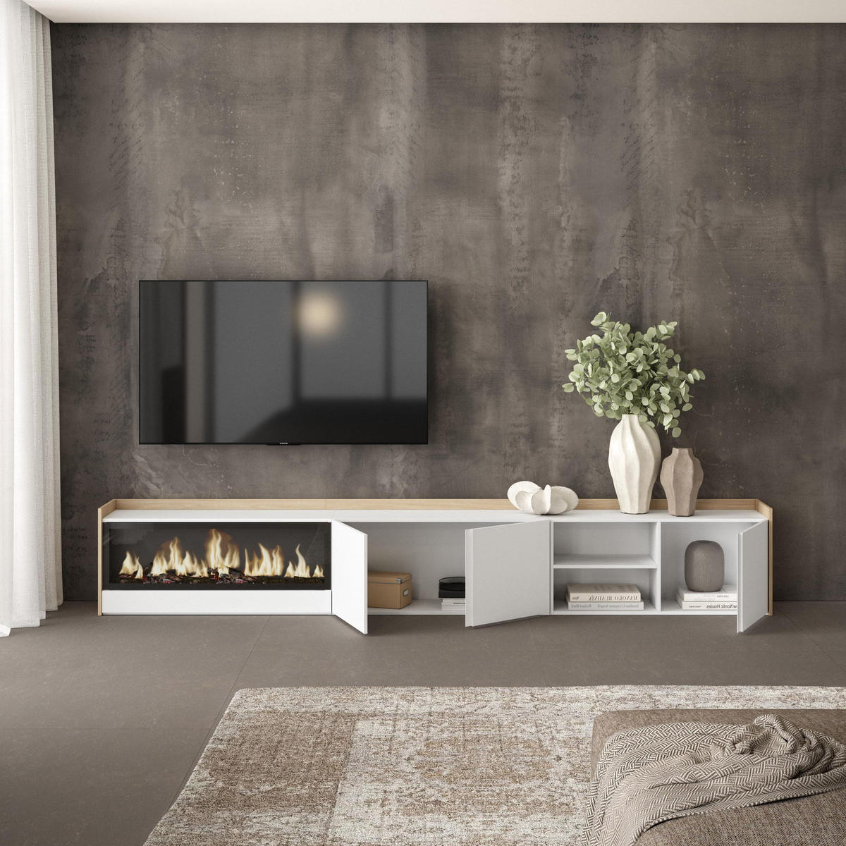LOWBOARD, Weiß und Eiche, 315/35/50cm, Kamin mit Feuereffekt XXL - Weiß, Holzwerkstoff (315/50/35cm) - Skraut Home