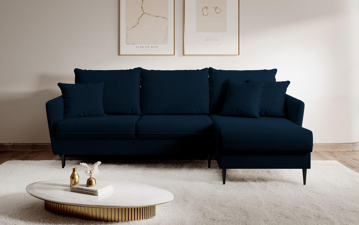 ECKSOFA Volio Dunkelblau Samt 223 cm - Schwarz/Dunkelblau, Textil/Metall (223/145cm) - Selsey