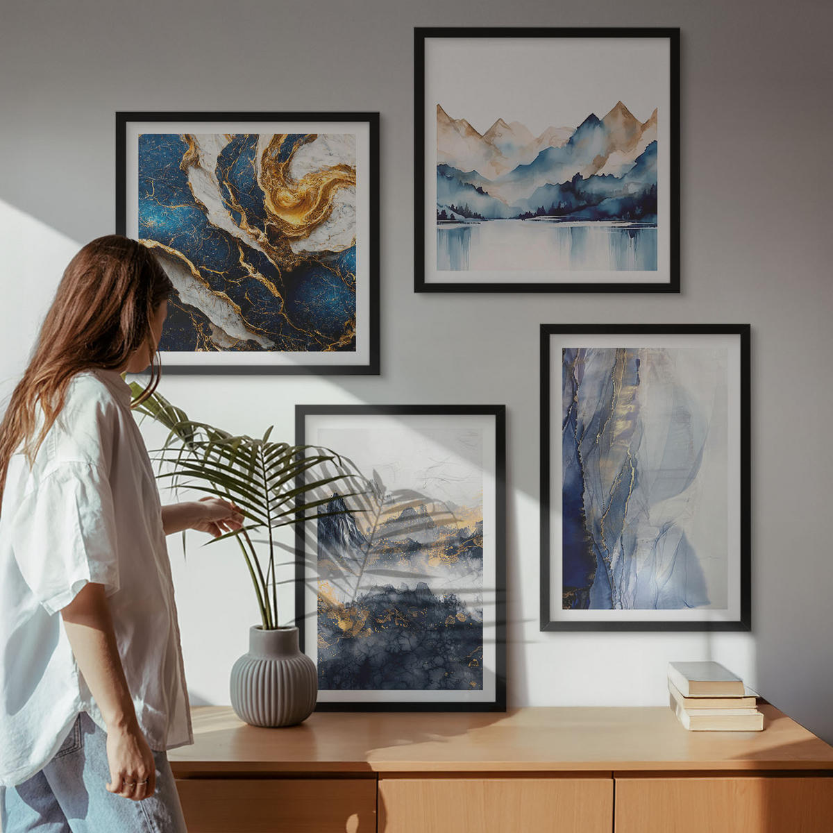 WANDBILDER 4er-Set - 50x50 cm & 40x60 cm Schwarzer Rahmen - Blaue Berglandschaften - Schwarz, Kunststoff (50/50cm) - ArtPrintCave