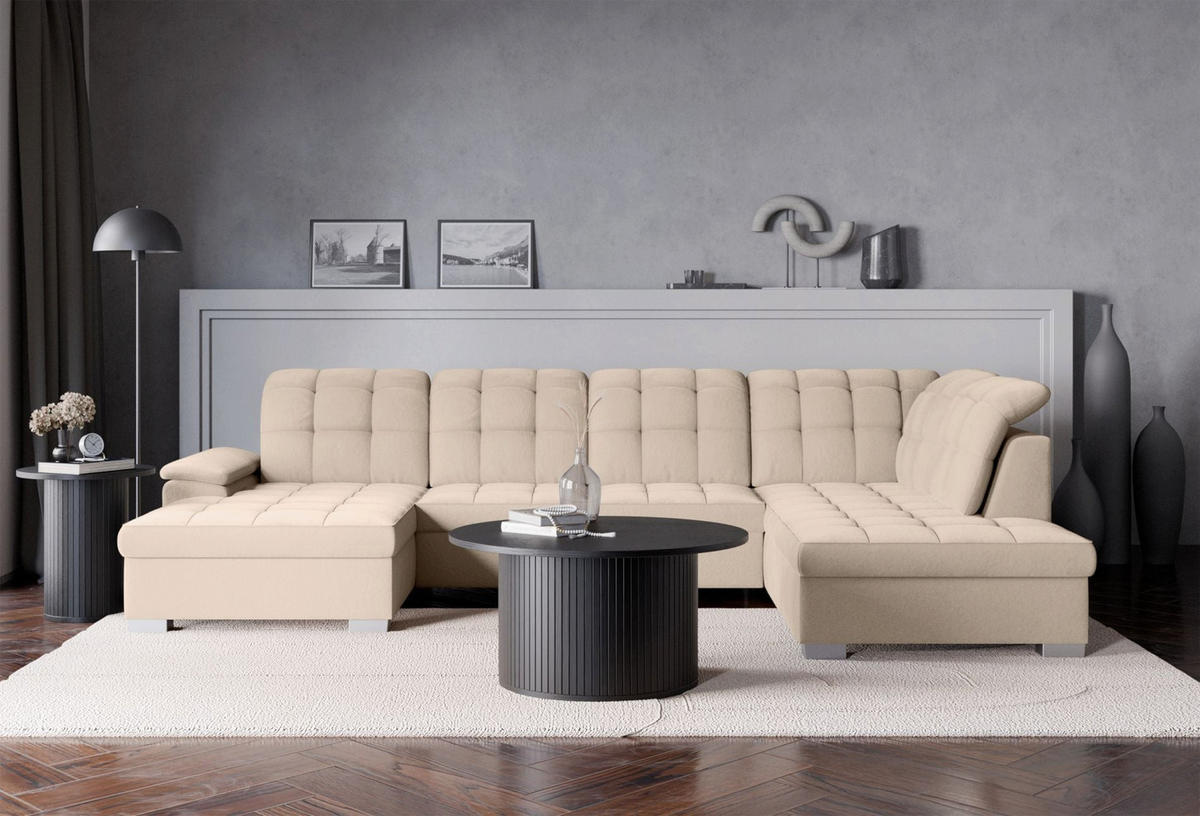 WOHNLANDSCHAFT Jamaal Beige Velours linksseitig - Beige/Schwarz, Textil (330/106/212cm) - Selsey