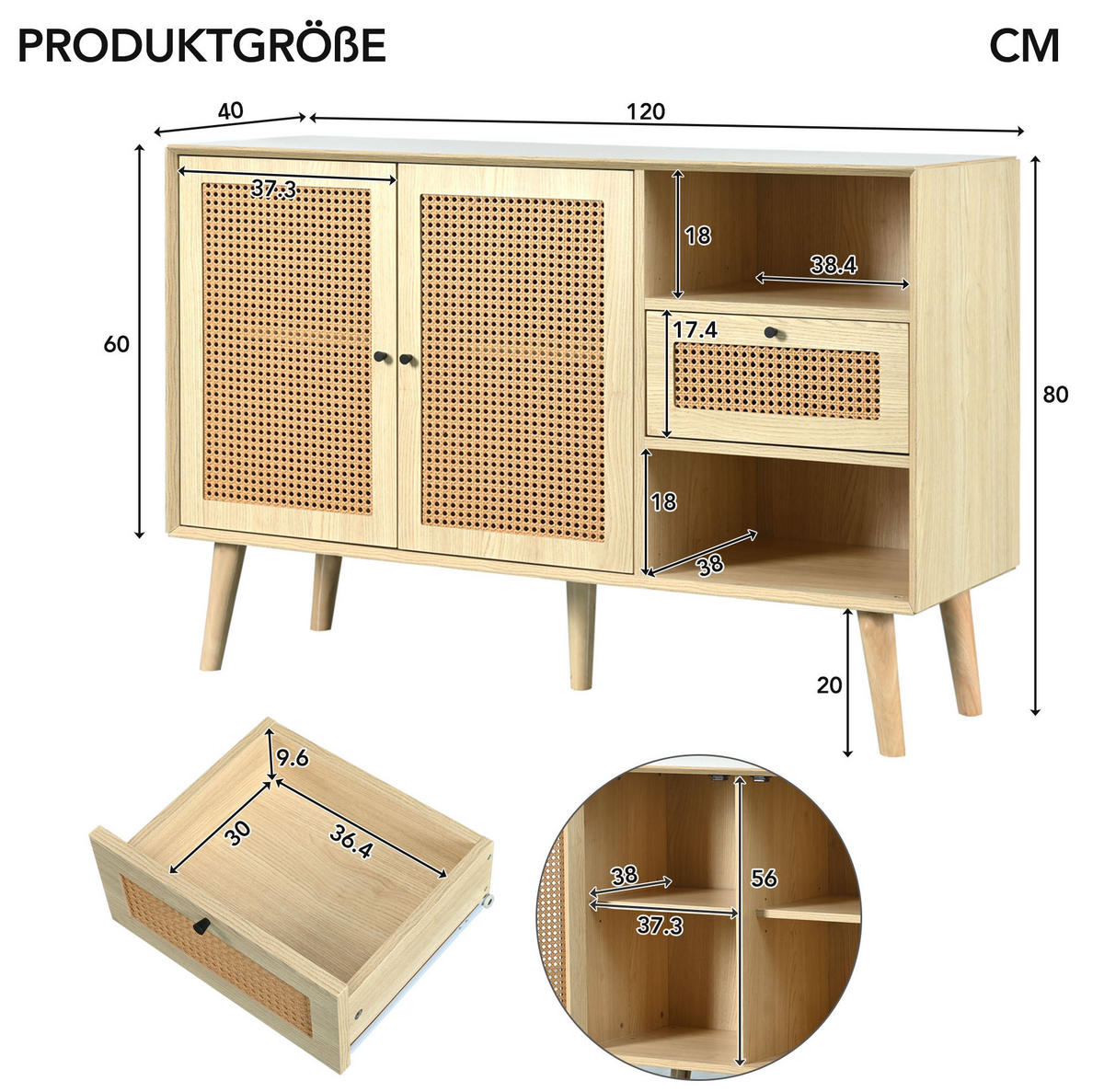 SIDEBOARD 120/40/80 cm Eiche aus MDF und Metall mit Rattangeflecht - Eichefarben, Holzwerkstoff (40/80/120cm) - OKMYHOME