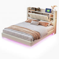 ČALÚNENÁ posteľ 140x200 cm z MDF, preglejky a ľanovej látky béžová s LED osvetlením, USB portom a úložným priestorom - béžová, textil (140/200cm) - Modfu