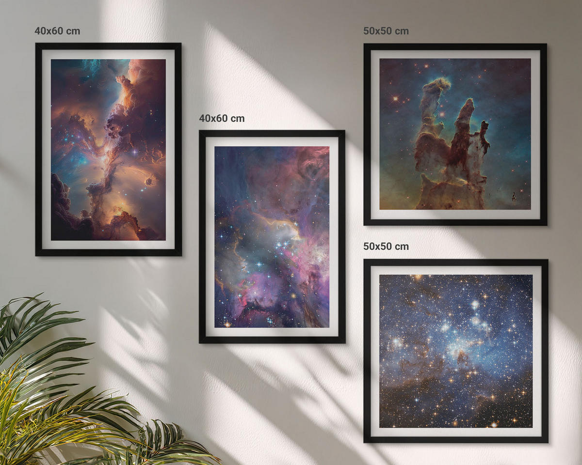 BILDER SET 4er Set - 50x50 cm & 40x60 cm Schwarzer Rahmen - Kosmische Sternenlandschaften - Schwarz, Kunststoff (50/50cm) - TULUP