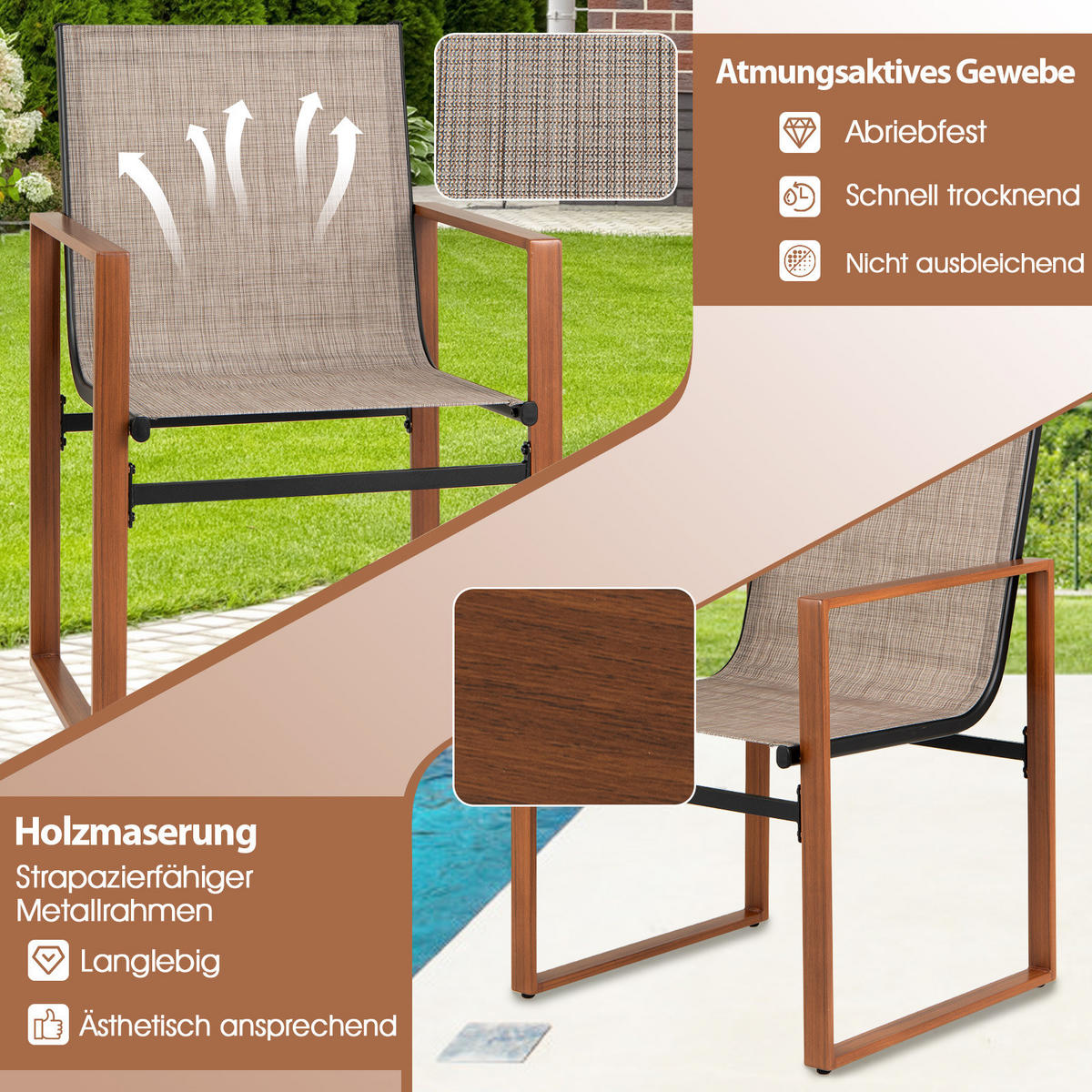 TERRASSENSTUHL Braun(2er-Set) - Braun, Metall (55.5/86/59cm) - COSTWAY
