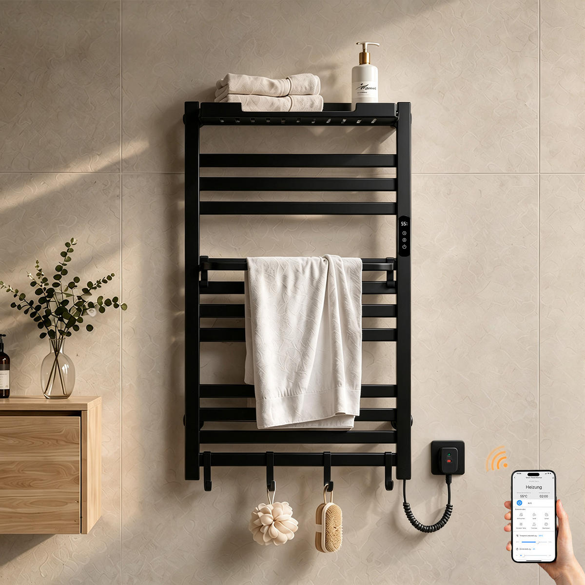 HANDTUCHHEIZKÖRPER 95/60 cm Schwarz elektrisch 375 W mit WLAN, Ablage und 6 Haken - Schwarz, Metall (60/95/20cm) - S'AFIELINA