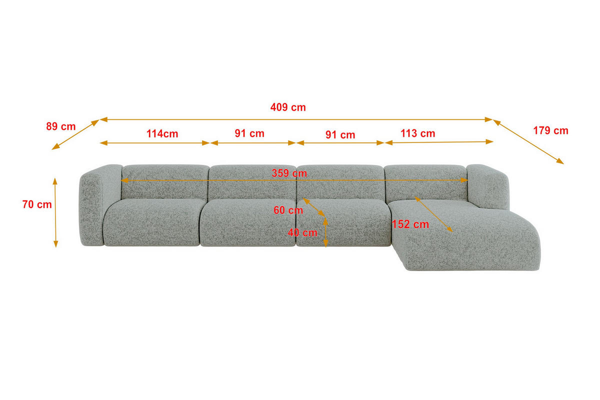 ECKSOFA Ottomane Rechts MIRA-L3 409x179x70 Grün Velours - Schwarz/Hellgrün, Holzwerkstoff/Kunststoff (409/179cm) - ALTDECOR
