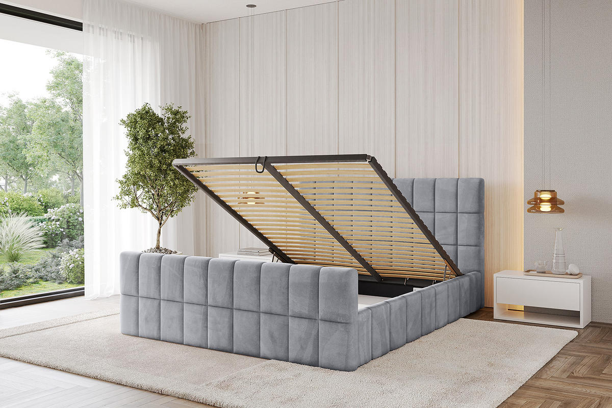 POLSTERBETT mit Bettkasten, Fußteil und Lattenrost, Boxbett mit Matratze H3/H4 - AMEA-Z 120x200 Hellgrau - Hellgrau, Holzwerkstoff/Textil (120/200cm) - ALTDECOR