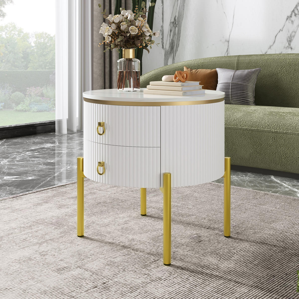 BEISTELLTISCH 50/50/51 cm Weiß aus Holzwerkstoff mit 2 Schubladen und höhenverstellbaren Beinen - Weiß, Holzwerkstoff (50/50/51cm) - OKWISH