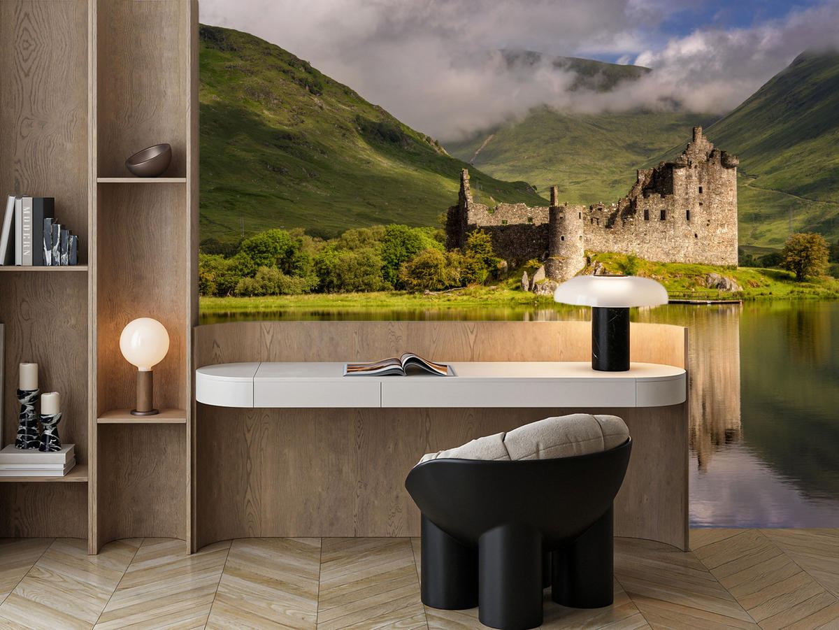 FOTOTAPETE Burgruine Kilchurn See Landschaft 3D 150x105 - Gelb/Beige, Papier (150/105cm) - Muralo