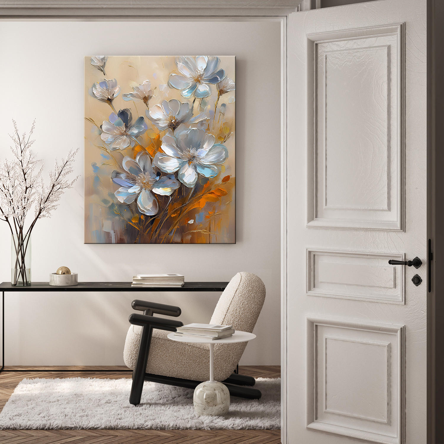 WANDBILD silber gemalte naturblumen - Blau, Textil (40/60cm) - Feeby