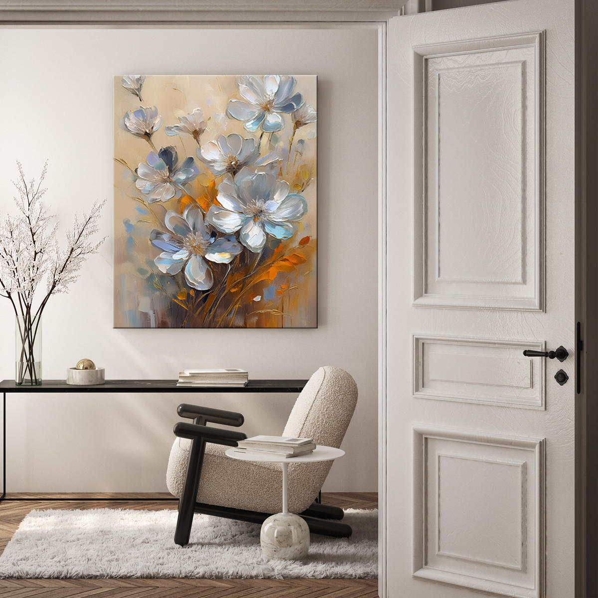 WANDBILD silber gemalte naturblumen - Blau, Textil (40/60cm) - Feeby