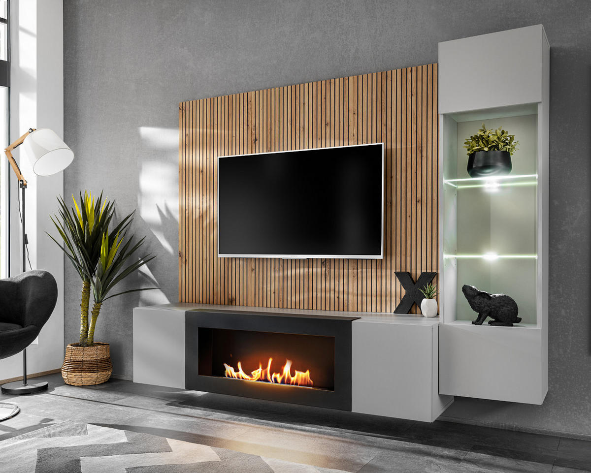 WOHNWAND hellgrau, schwarz, Eiche Artisan 200 cm, Schrankwand inklusive Ethanol Kamin und Beleuchtung - Hellgrau/Schwarz, Glas/Holzwerkstoff (200/148/35cm) - Inn.Furn