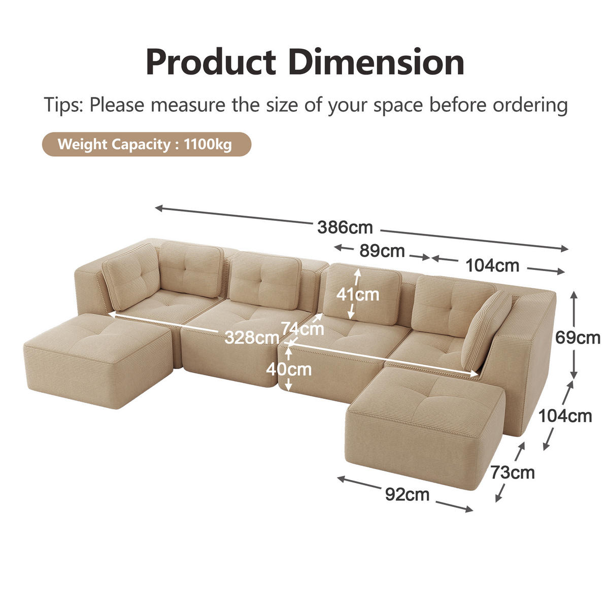 WOHNLANDSCHAFT Cord Beige - Beige, Textil (386/69/177cm) - WISHDOR