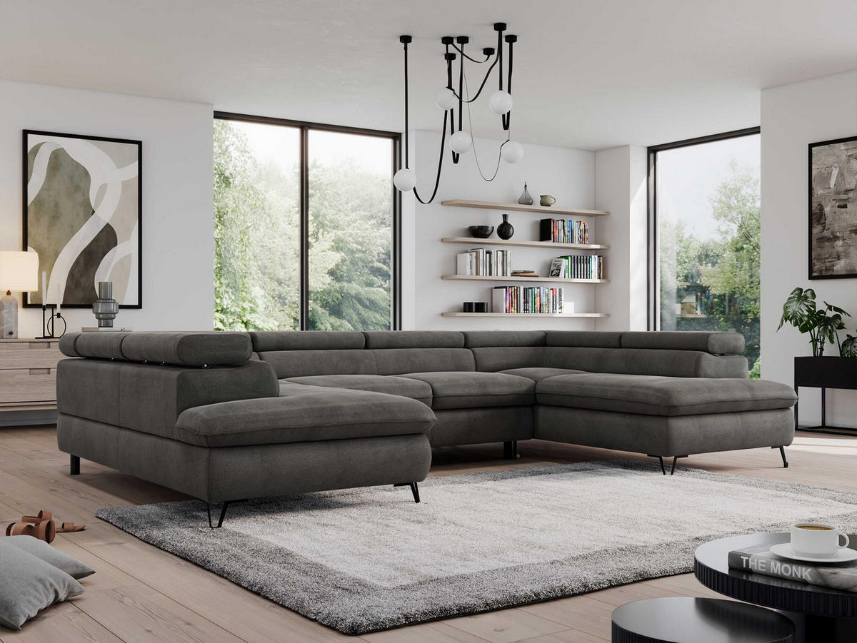 WOHNLANDSCHAFT PEDRO U Velvet Dunkelgrau - Dunkelgrau/Schwarz, Textil/Metall (346/76/208cm) - MKS