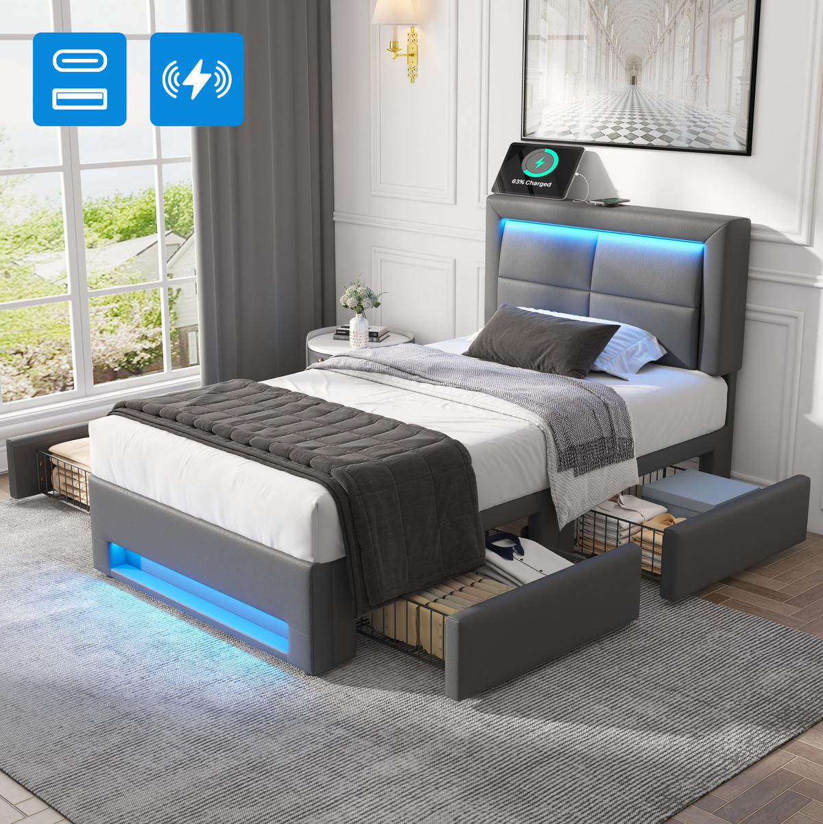 POLSTERBETT 90/200 cm Grau mit LED-Beleuchtung, USB-Ladefunktion und 4 Schubladen - Grau, Kunststoff (90/200cm) - Flora Grace