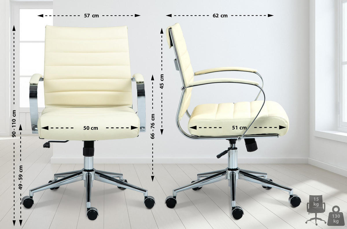 BÜROSTUHL Rynex Echtleder creme - Chromfarben/Creme, Leder/Metall (57/100/62cm) - TPFLiving