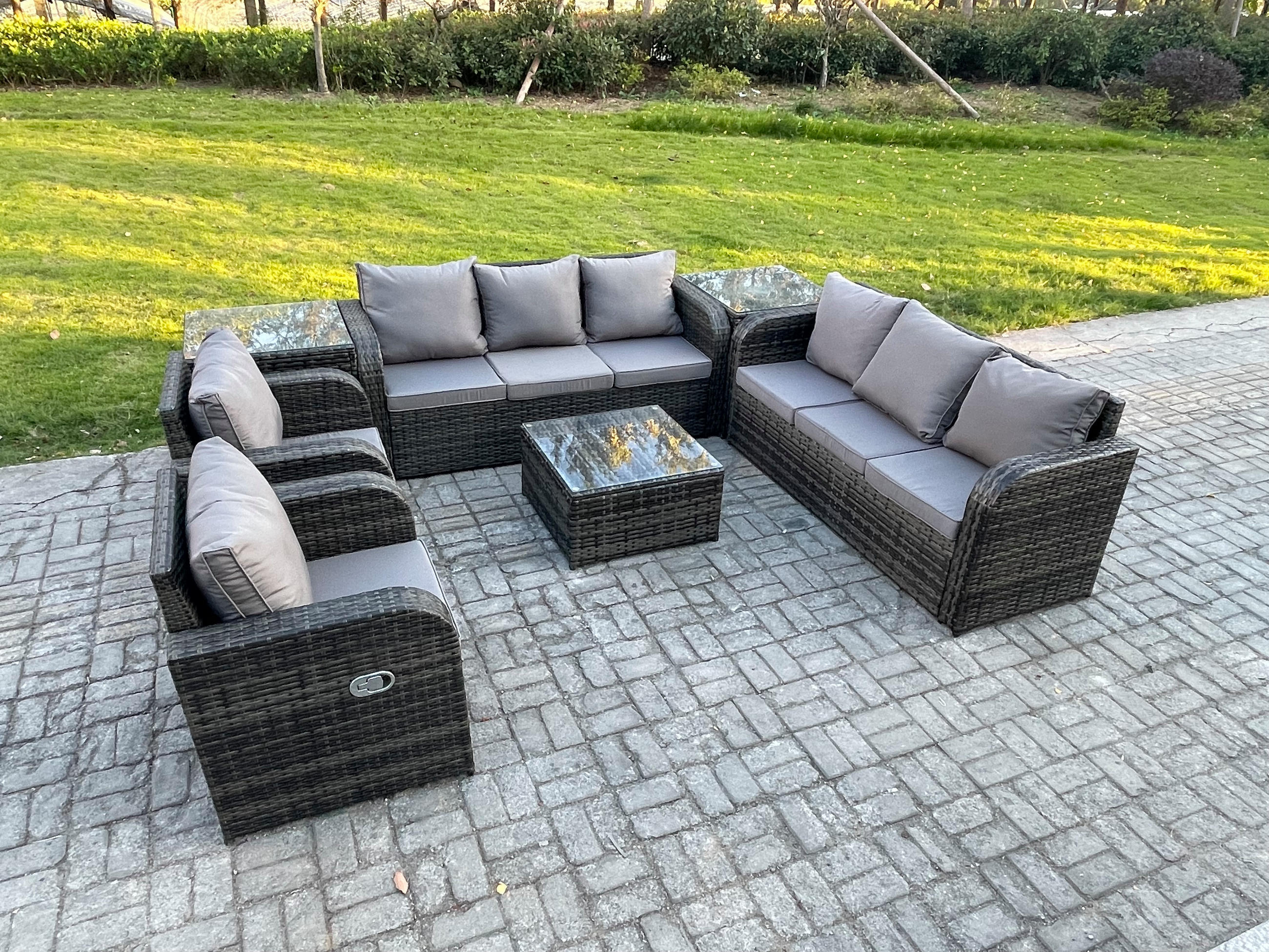 GARTENTISCHGRUPPE Polyrattan Dunkelgrau 7-teilige - Dunkelgrau/Grau, Glas/Kunststoff - Fimous