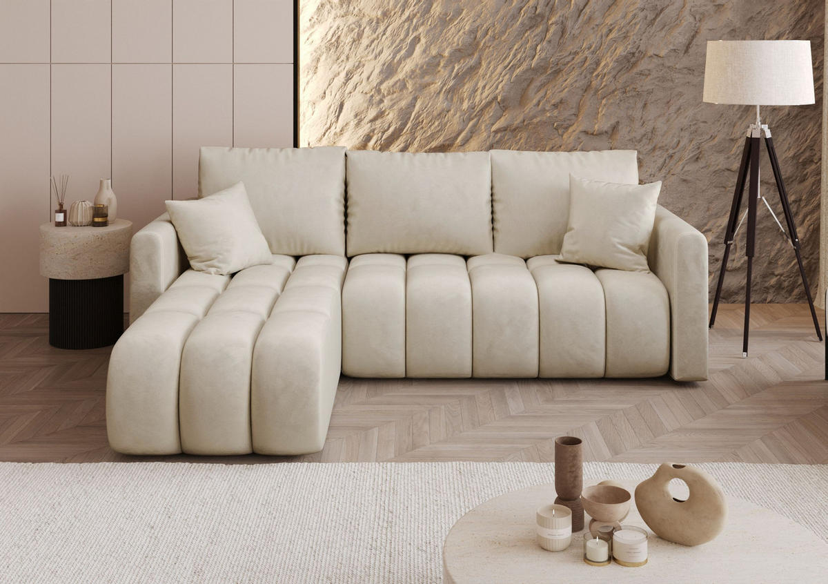 ECKSOFA GARDA links beige Velours Monolith 2 - Schlaffunktion, Bettkasten - Beige, Textil (230/150cm) - Cornero