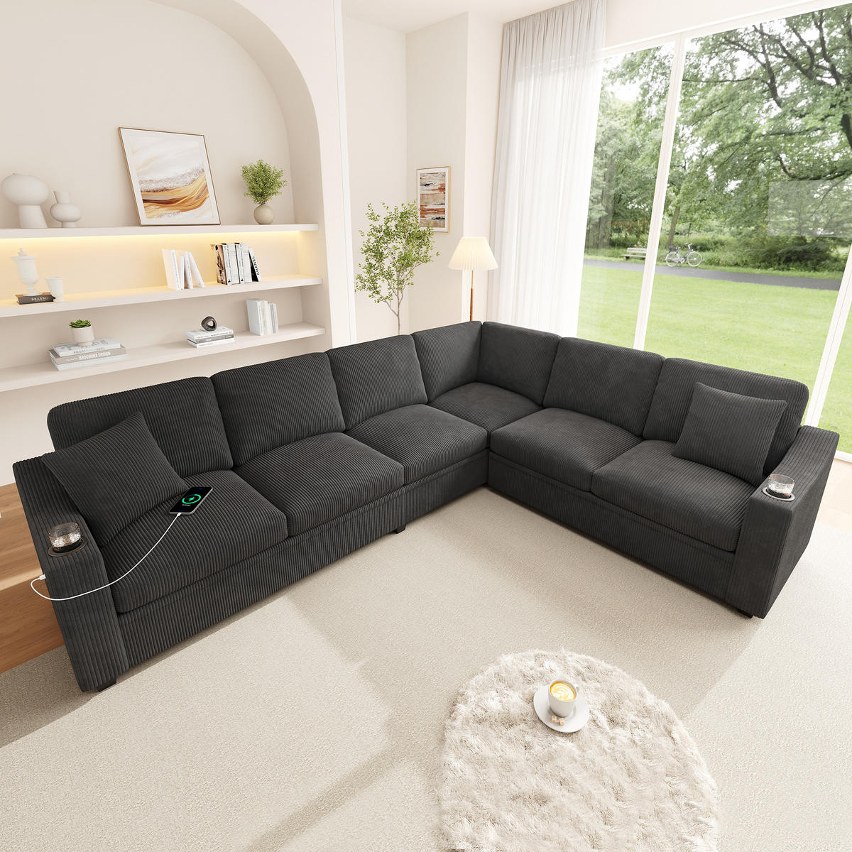 ECKSOFA 277/215/85 cm Grau mit USB/Type-C-Schnellladeanschluss und 2 Getränkehaltern - Grau, Textil (277/215cm) - Oxeza