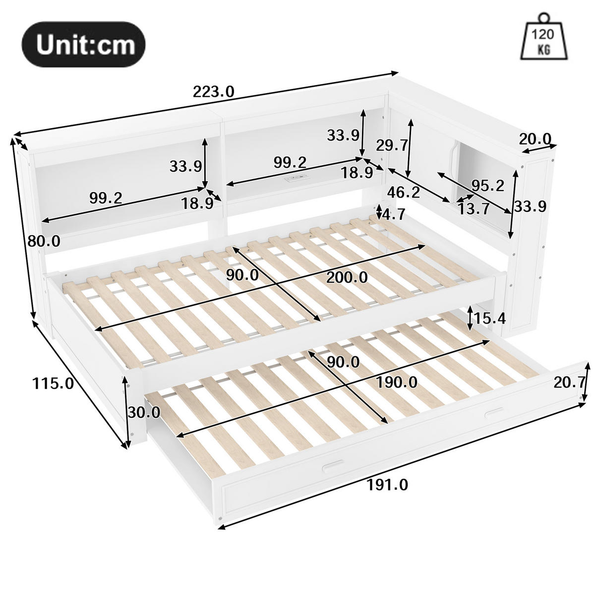 TAGESBETT 90/200 cm mit Ausziehbett, LED-Beleuchtung, USB, Typ-C und Steckdose, Kiefern , Weiß - Weiß, Holzwerkstoff (90/200cm) - Redom
