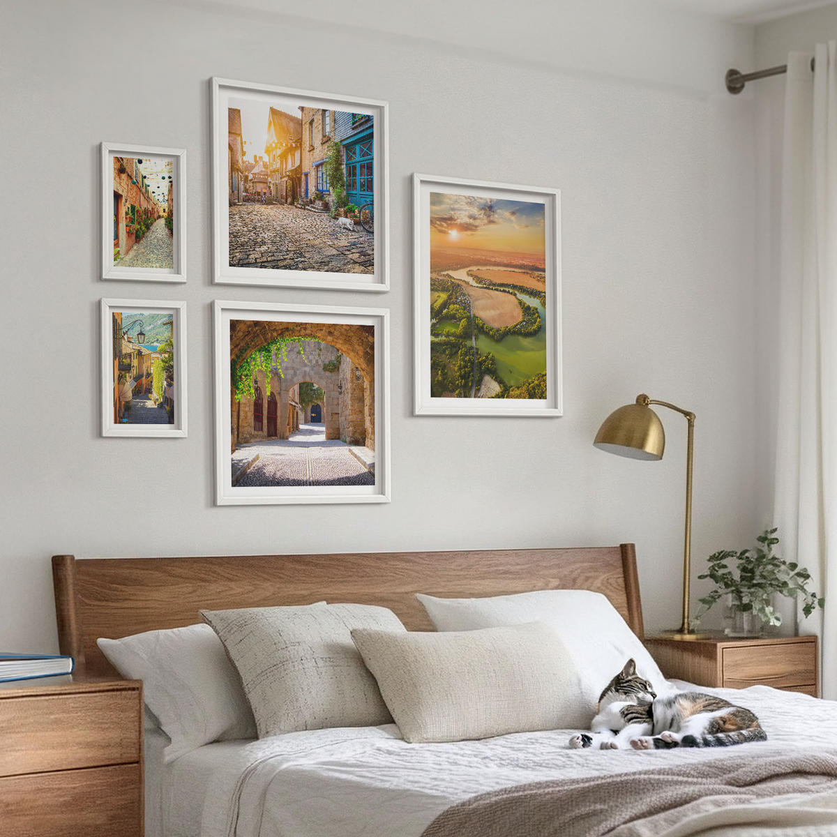 BILDER SET 5er Set - 50x50 cm & 20x30 cm & 40x60 cm Weißer Rahmen - Sommerlandschaften im Boho-Stil - Weiß, Kunststoff (40/60cm) - TULUP