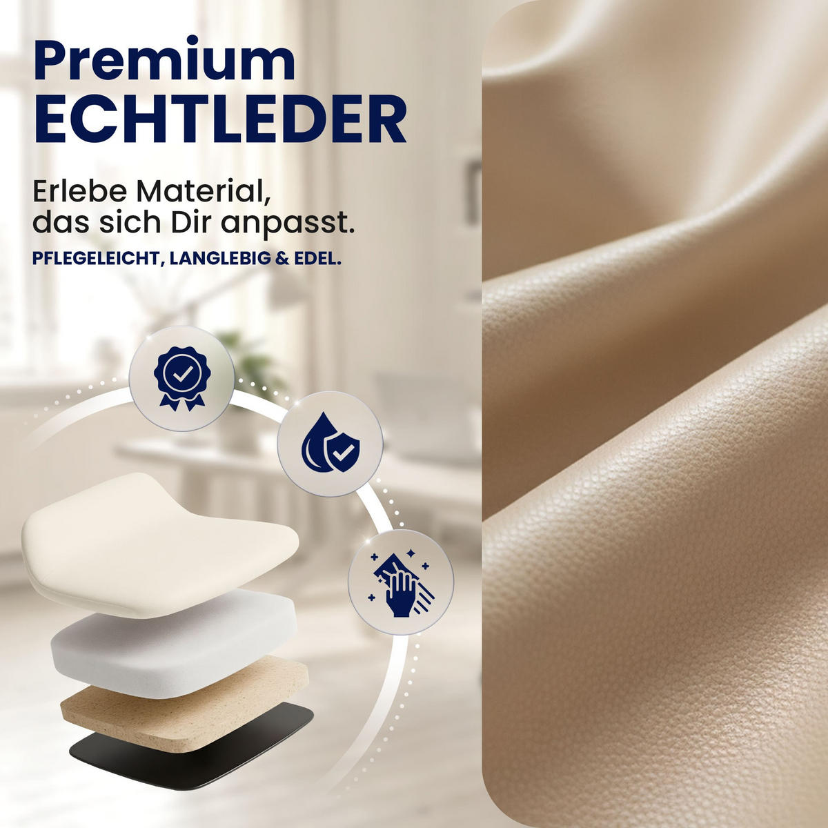 CHEFSESSEL Echtleder Creme - Chromfarben/Creme, Leder/Metall (78/114/66cm) - CLP