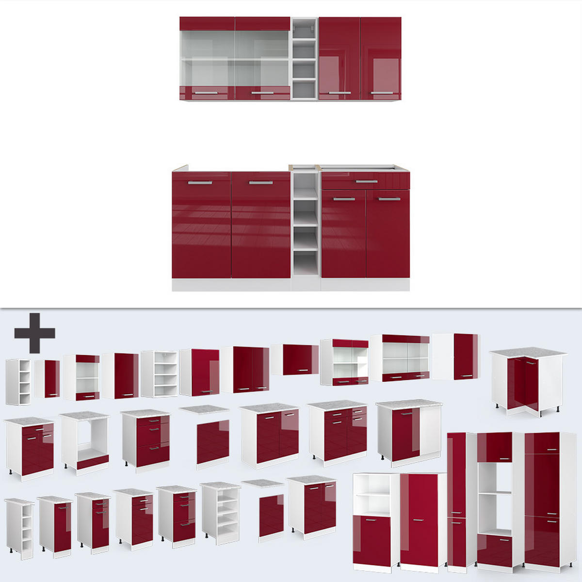 SINGLEKÜCHE R-Line Bordeaux Hochglanz/Weiß 160 cm, AP Anthrazit - Bordeaux/Weiß, Holzwerkstoff (160/81.6/60cm) - Vicco