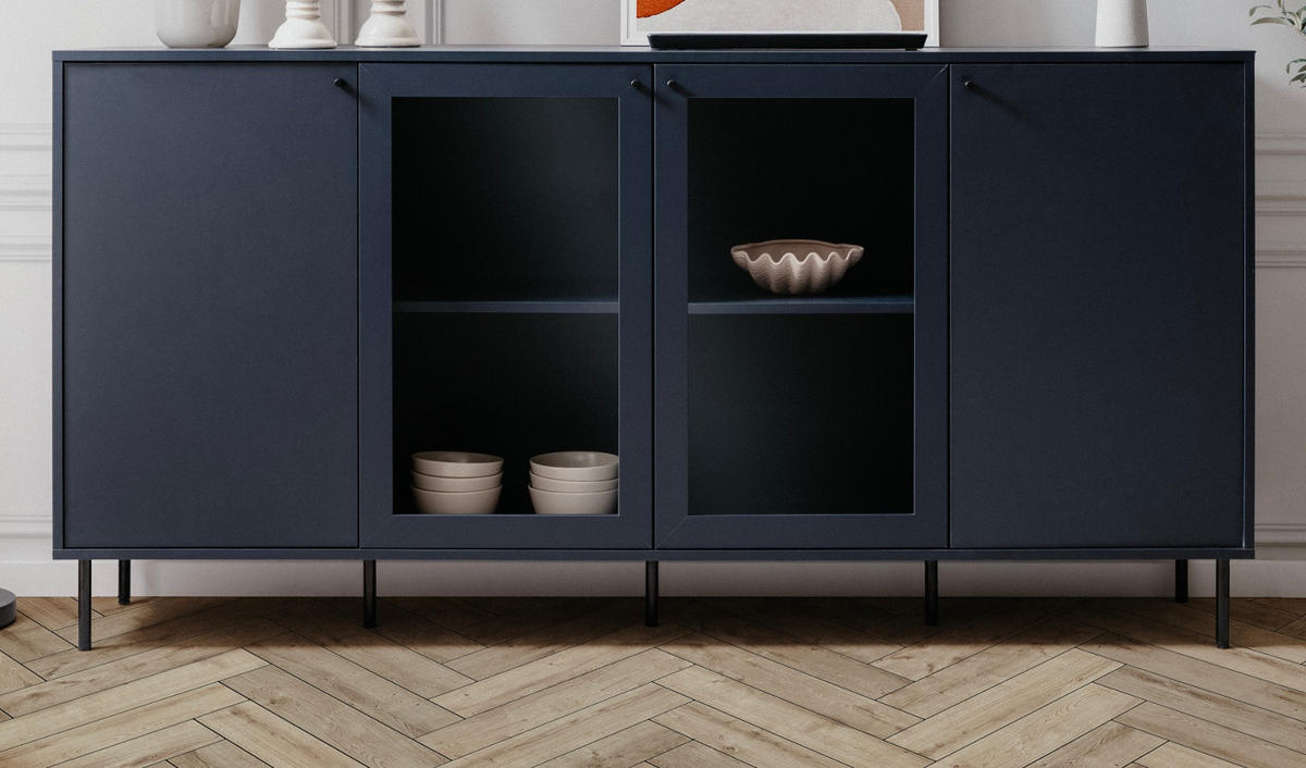 SIDEBOARD blau 180 cm, Kommode 4-türig mit viel Stauraum - Blau/Schwarz, Glas/Holzwerkstoff (180/90/40cm) - Furn.Design