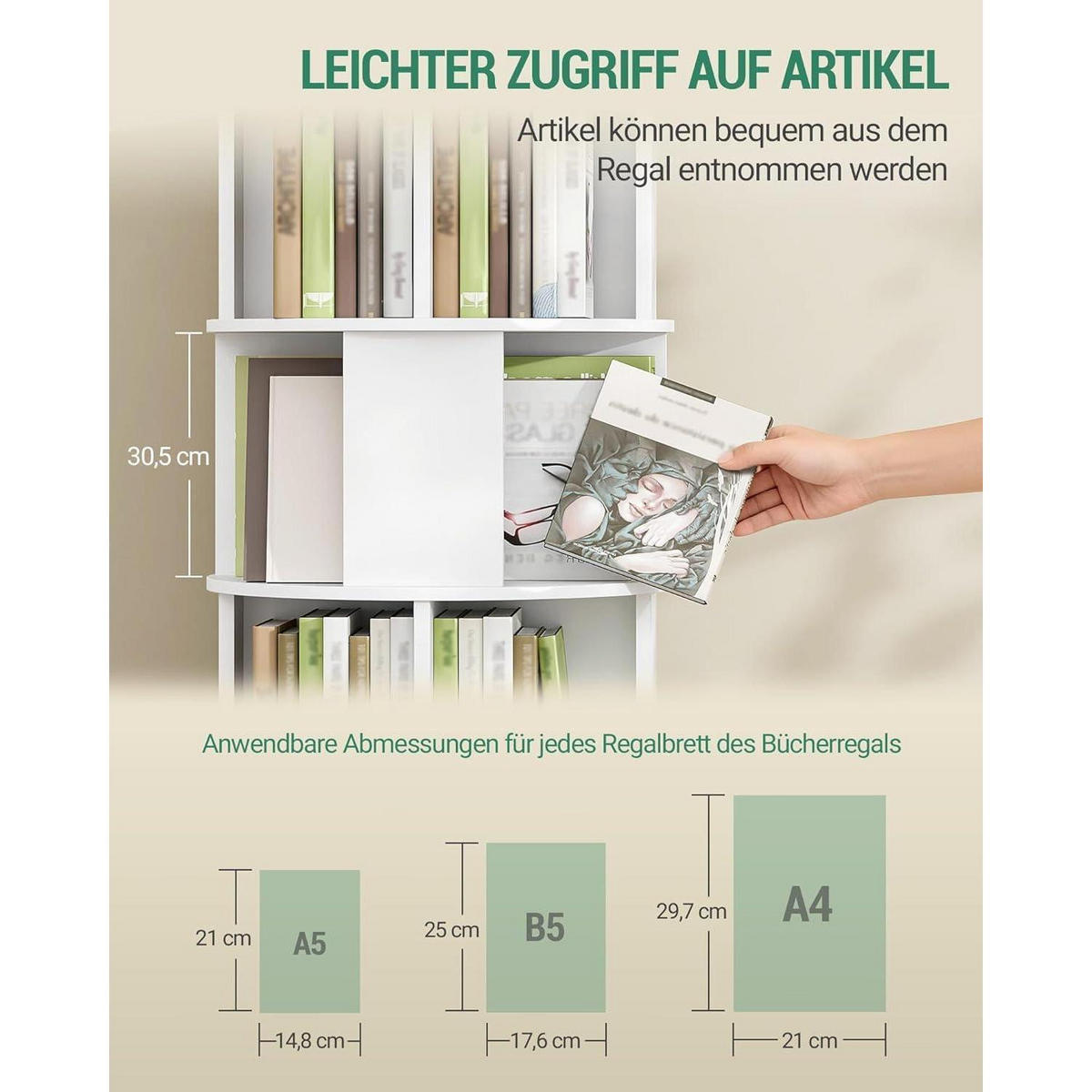 DREHBARES Bücherregal 5 Ebenen mit Rollen 45 x 45 x 161,5 cm Weiß - Weiß, Holzwerkstoff (45/161.5/45cm)