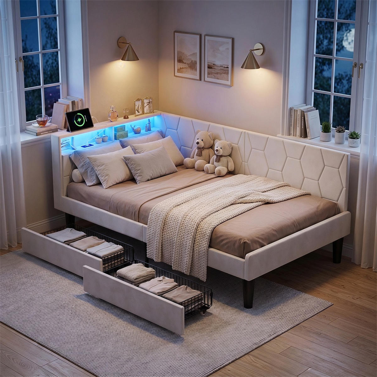 POLSTERBETT 90x200 cm mit Kopfteil-Stauraum - 2 Schubladen - USB Type-C & LED - ohne Matratze - Beige - Beige, Textil (90/200cm) - DELFA