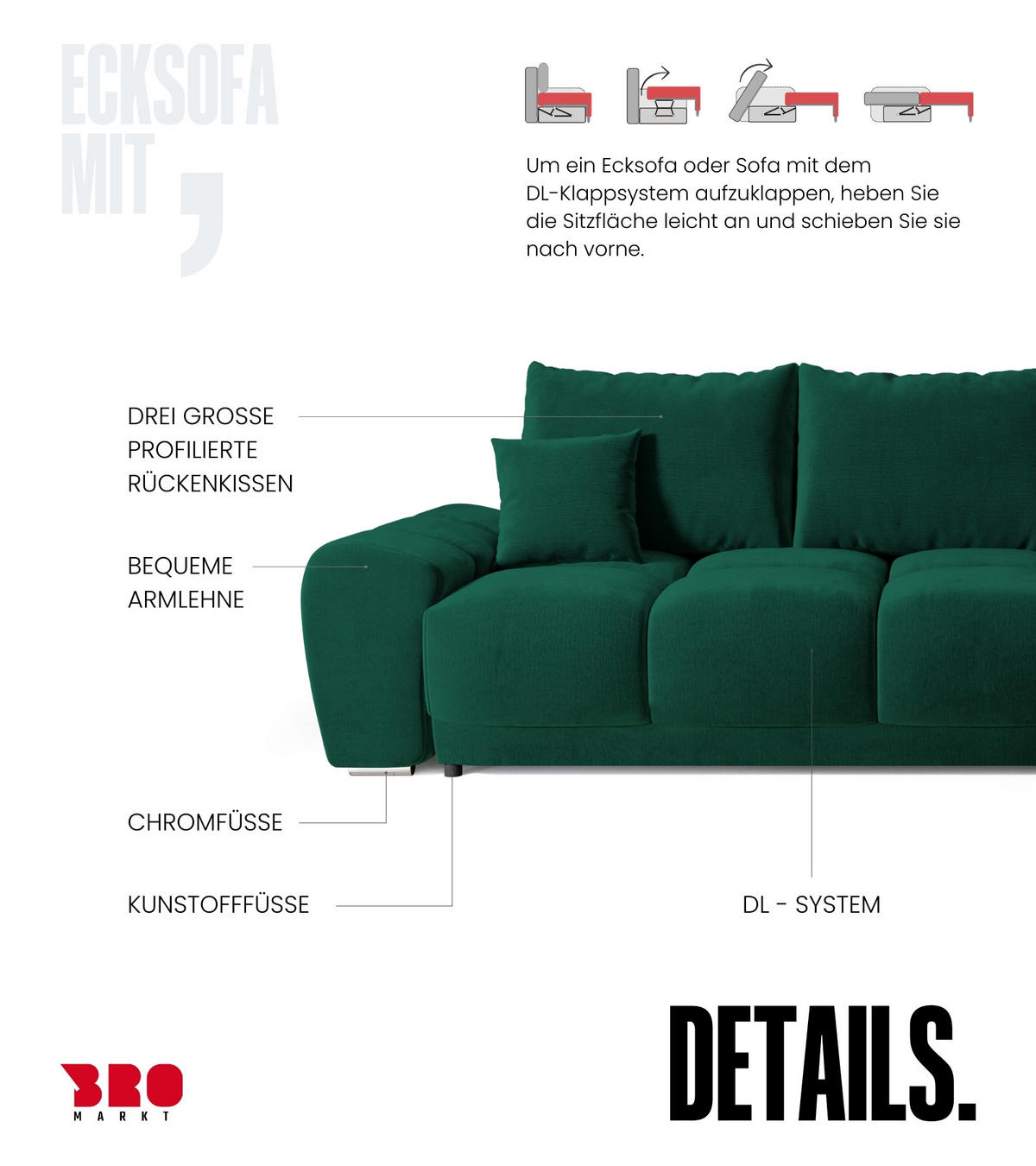 ECKSOFA Nubes mit Schlaffunktion Flaschengrün Plüsch - Dunkelgrün/Gelb, Kunststoff/Textil (290/180cm) - Bromarkt