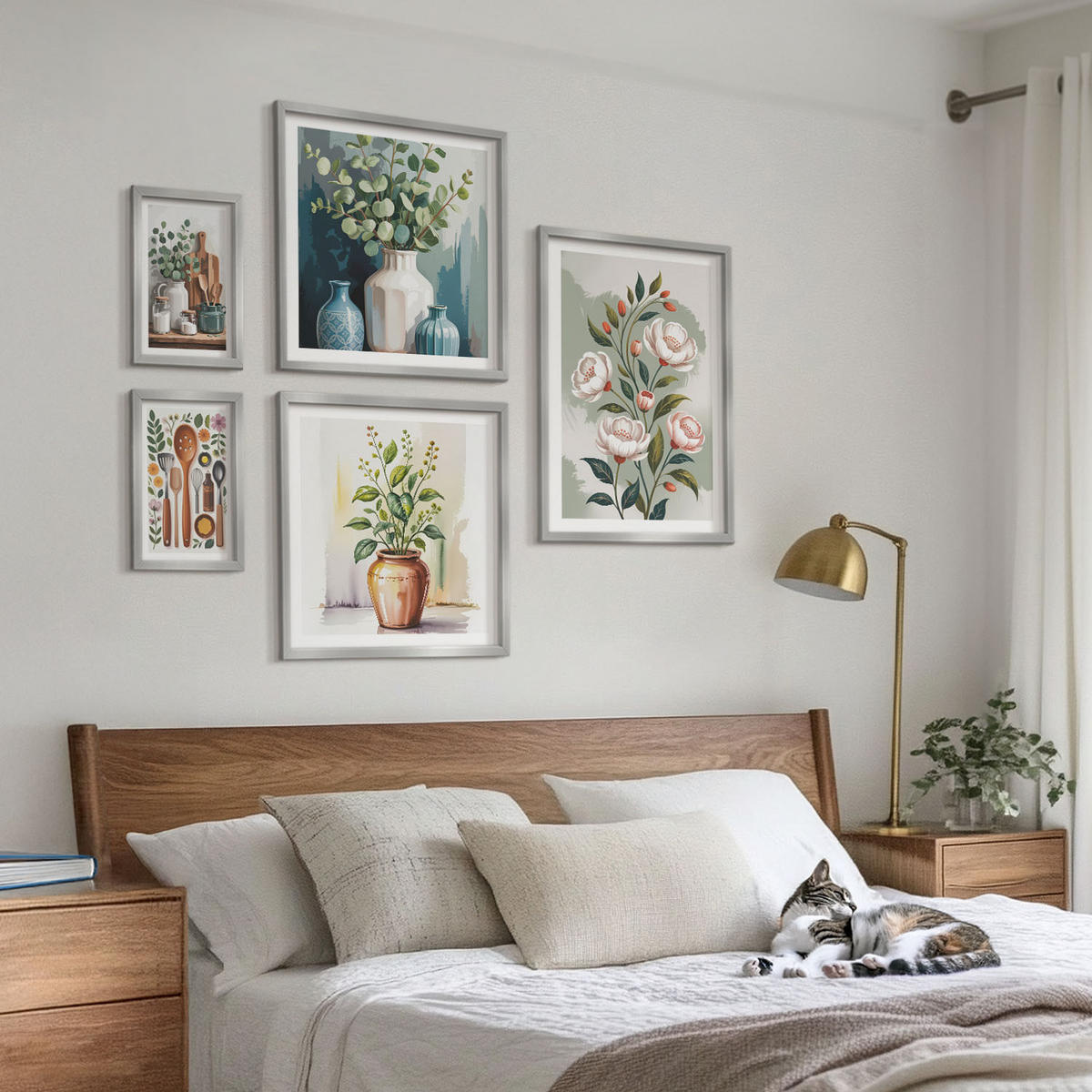 BILDER SET 5er Set - 50x50 cm & 20x30 cm & 40x60 cm Silberner Rahmen - Blumen und Früchte in Vasen - Silberfarben, Kunststoff (40/60cm) - TULUP