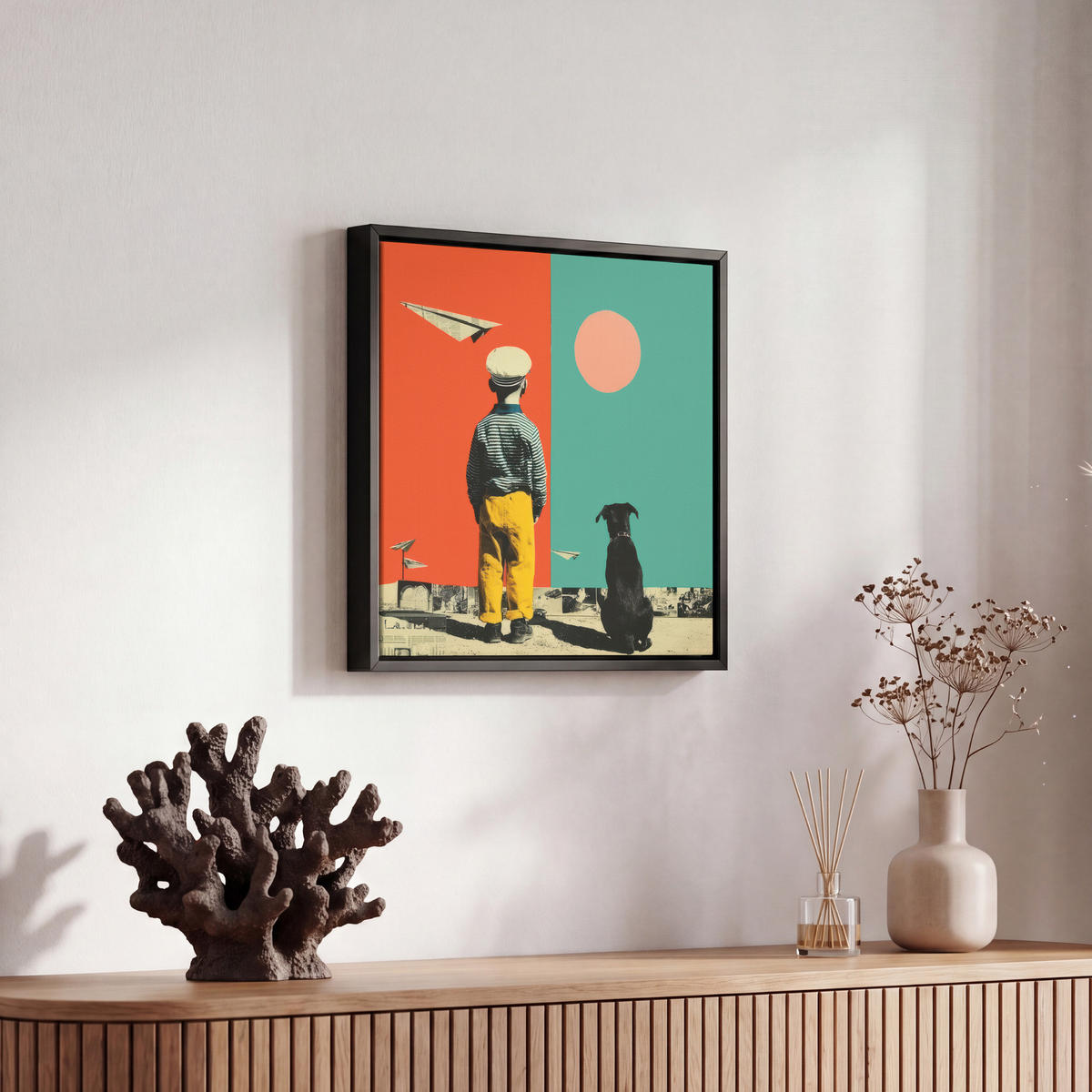 LEINWAND Bilder mit Rahmen - Retro - Junge - Hund - Rot - Grün - 20x20 - Orange, Textil (20/20cm) - MuchoWow