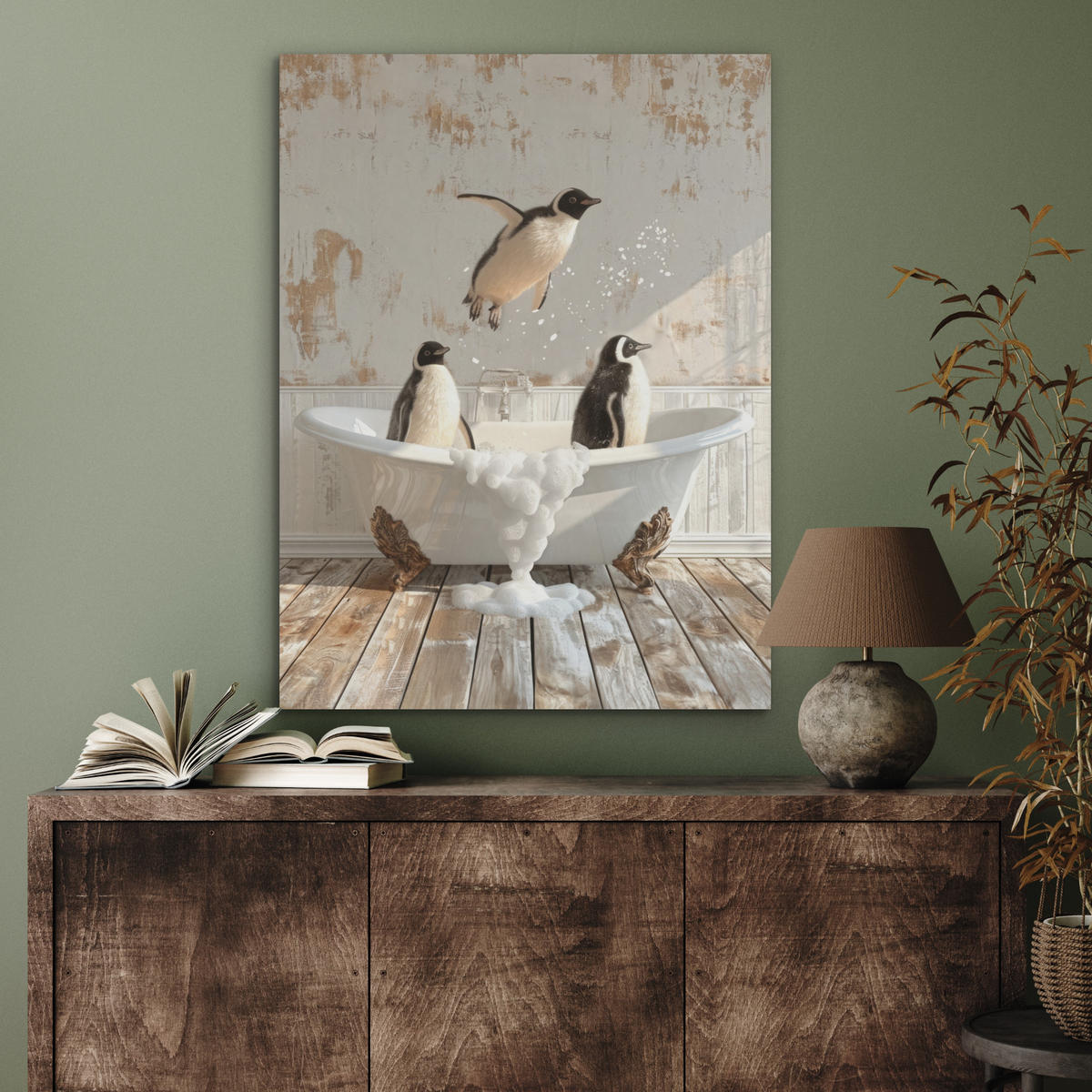AKUSTIKPANEEL Vintage - Pinguin - Badewanne - Schaumstoff 60x80 cm - Schwarz, Textil (60/0.9/80cm) - MuchoWow