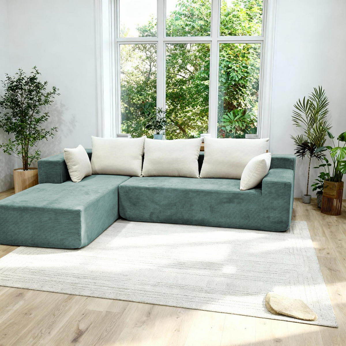 ECKSOFA Luna Salbei Weiß 3-Sitzer Links - Salbeigrün, Textil (267/175cm) - COCO Living