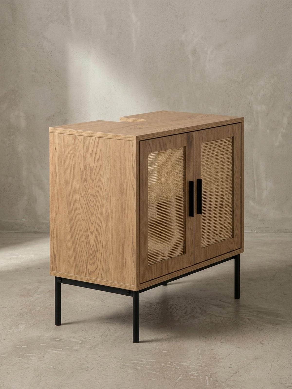 WASCHBECKENUNTERSCHRANK Eiche-Optik 60x60x40 cm mit Türen und Rattangeflecht - Schwarz/Braun, Holzwerkstoff/Metall (60/60/40cm) - KADIMA DESIGN